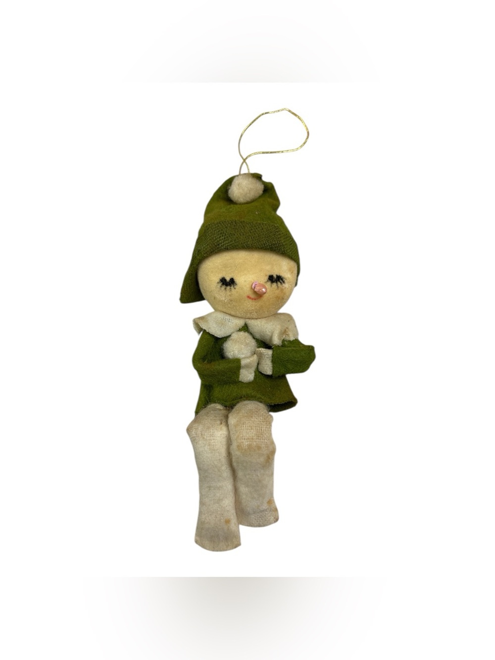 Vintage Flocked Snow Baby Pixie Elf Knee Hugger Christmas  Ornament Green Japan